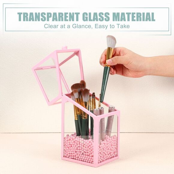 Clear Dustproof Quadrilateral Makeup Brush Storage Box with Pink Faux Pearl Pink - Picture 5 of 6